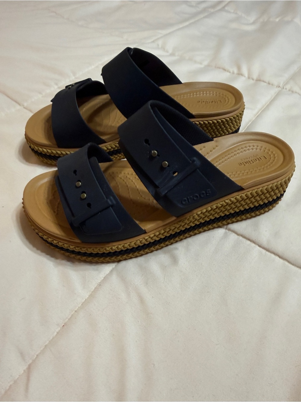 Crocs Two-Strap Platform Slide Sandals in Black and Tan - Picture 2 of 4